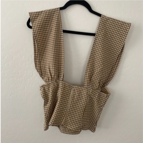 ⭐️ Brown Woven Check Print Cross Over Zip Party Glam Girly Sexy Chic Baddie Top - Picture 3 of 8